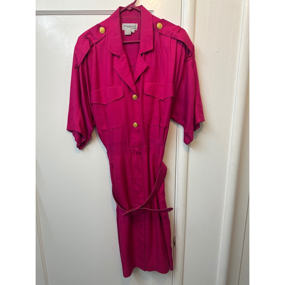Nordstrom Vintage‎ 100% Silk Fuchsia Pink Belted Midi Shirt Dress Gold Button 12